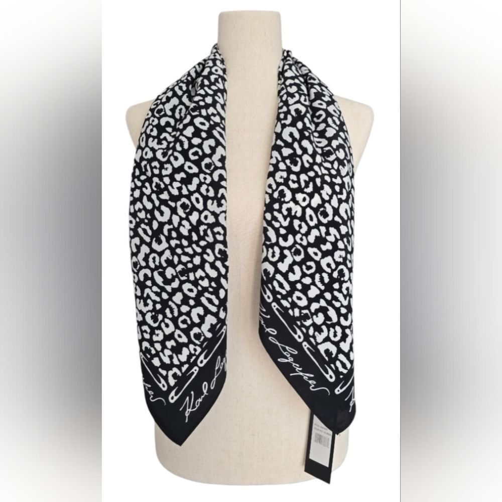 Karl Lagerfeld Black and White Leopard Print Silk Scarf